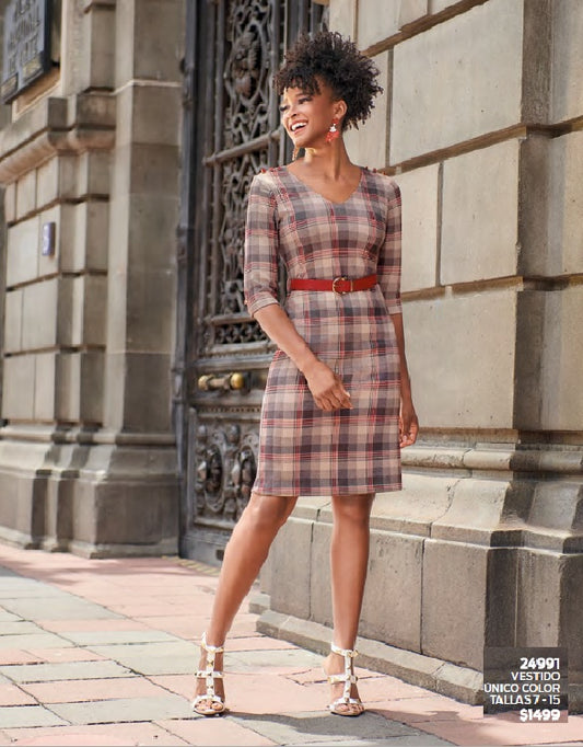 VESTIDO A CUADROS MANGA 3/4 CON CINTURÓN 024991